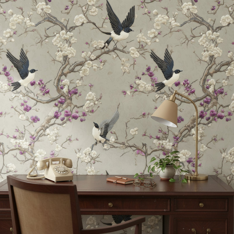 Papier peint floral, oiseaux, décoration murale murale rétro
