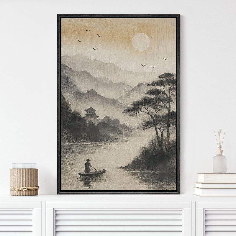 «Serene Mountain River with Boatman and Rising Sun», reproduction d'art sur toile encadrée, H 24 po x l 16 po x P 1,5 po