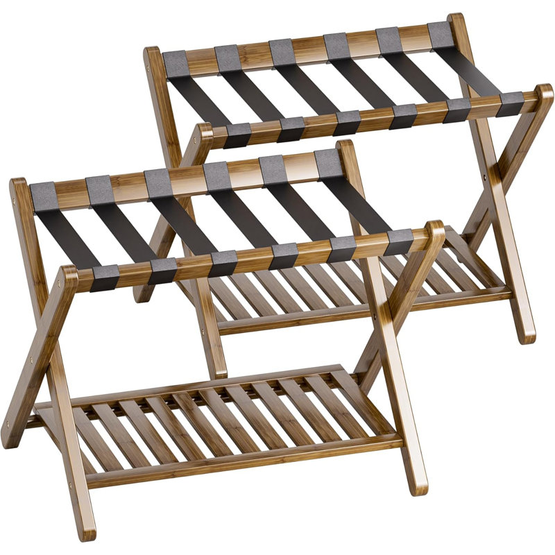 Foldable Bamboo Luggage Rack Set of 2, Walnut