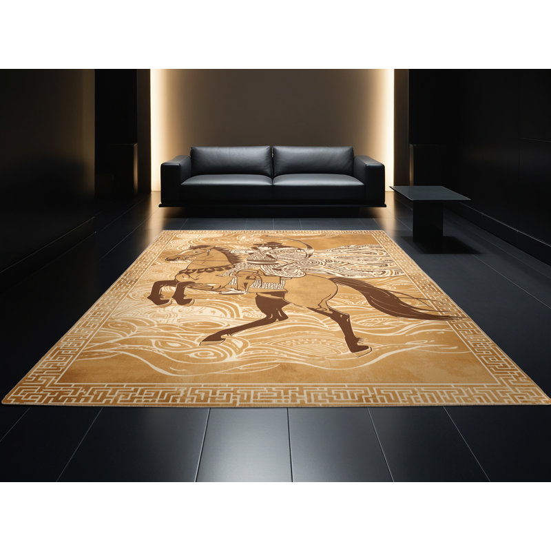 Soft Plush Duren Mongol Horse Archer Classic Oriental Area Rug in Brown – Beige Binding, 3x5