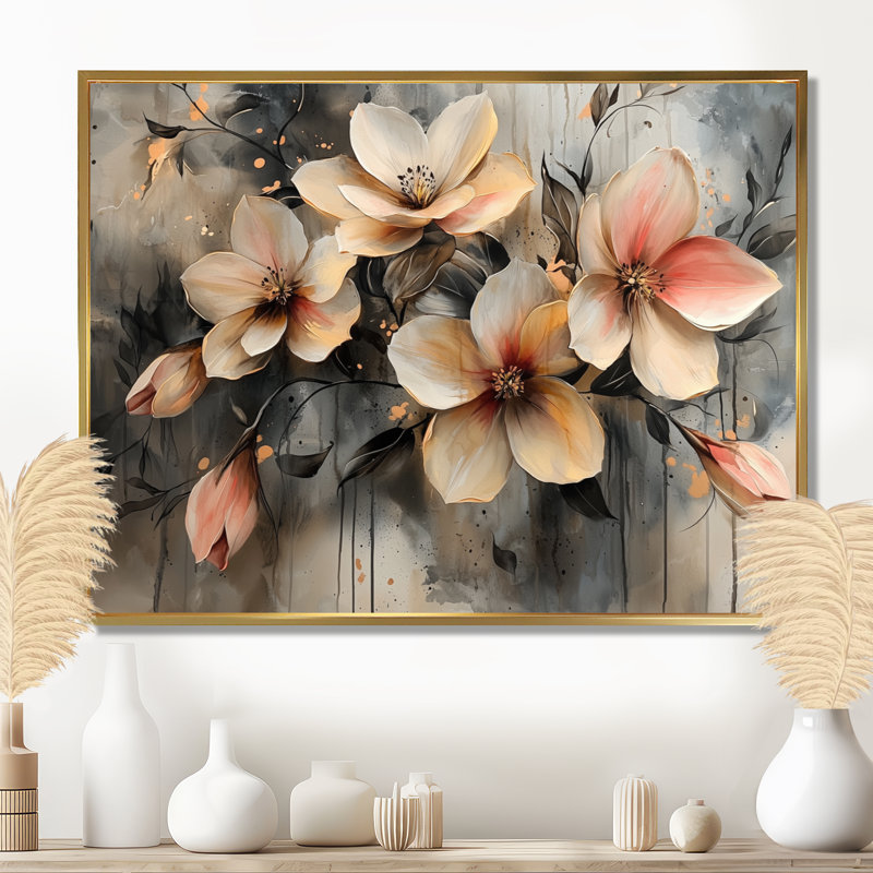 Gloden Symphony of Abstract Fuschia Flowers II - Fuschia, art mural, H 16 po x l 32 po, Cadre flottant, Naturel