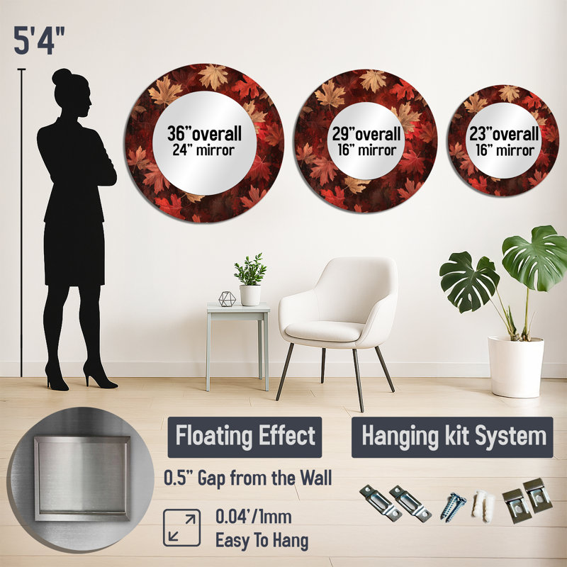 Red Falling Maple Leaves I - Art mural miroir floral - imprimé sur métal, 29 po x 29 po