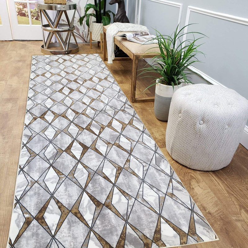 Tapis gris / or en polyester tissé à la machine Fierros, Tapis de couloir 3 pi 11 po x 21 pi 4 po