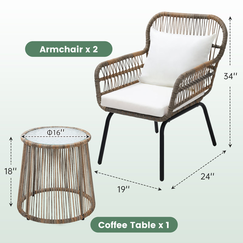 3 Pieces Rattan Wicker Outdoor Conversation Bistro Set,Beige, Beige Cushion/Brown Frame