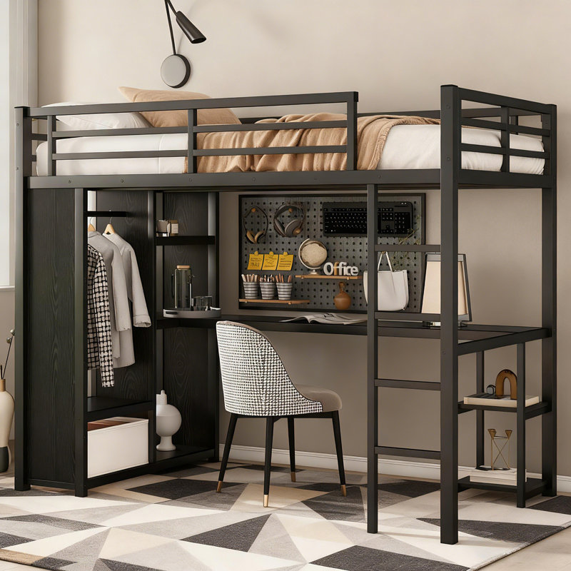 Metal Loft Bed Frame With Built-in Wardrobe,desk And Storage Shelves, For Kids Teens Adults, Twin XL, Black
