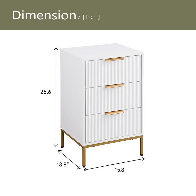 Table de chevet avec 3 tiroirs, table de bout moderne de style Mid-Century, table de chevet, pieds en métal doré, poignées en métal doré, table de tiroir ondulée
