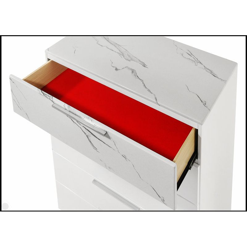 Commode Mist White avec finition bicolore ultrabrillante en marbre et laque, cinq tiroirs à glissement lisse et tiroir supérieur doublé de velours