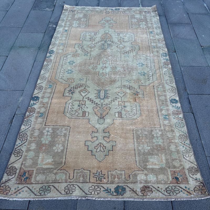 Tapis turc rétro en laine Anatolian avec motif Oushak discret pour chambre à coucher - Beige