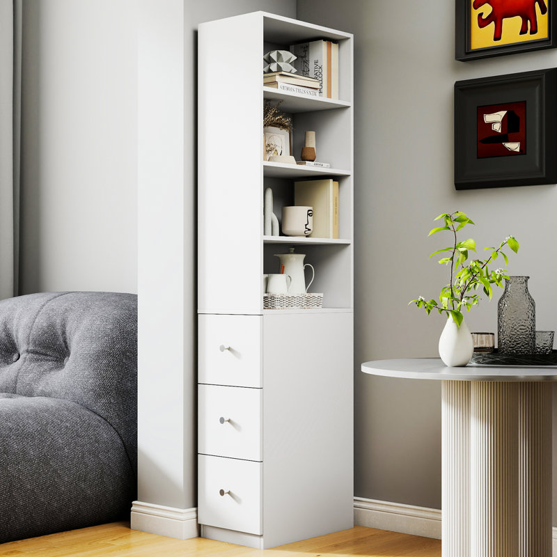 Grande armoire de rangement moderne avec 3 tiroirs et 4 tablettes, parfaite pour une présentation organisée et élégante dans n'importe quelle pièce