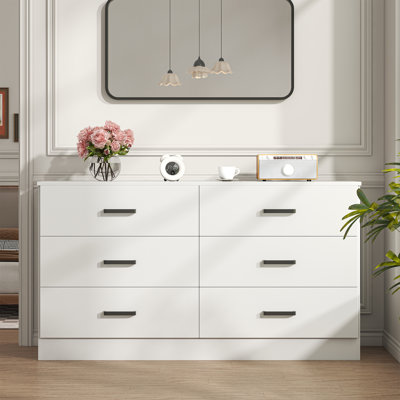Wood Dresser for Bedroom, 6 Drawer Double Dresser, Modern Chest of Drawers with Deep Drawers, Large Storage Organizer for Living Room, Closet,15.8" D x 47.2" W x 27.7" H (White)