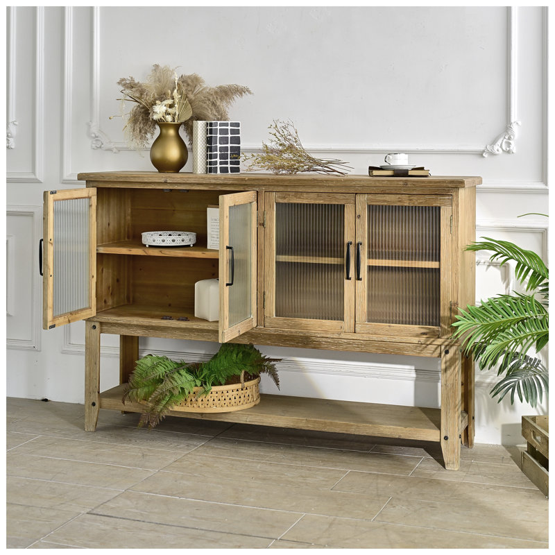 Buffet 59 "rustique avec portes cannelées en verre, console décorative en bois naturel pour le rangement de la salle à manger et du salon
