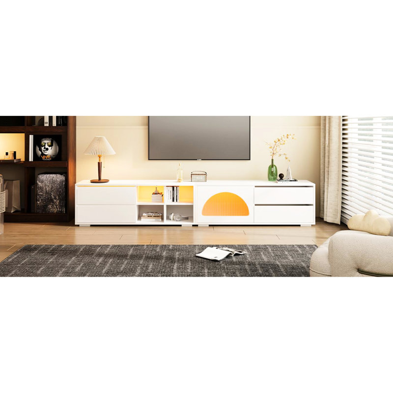 Meuble télé pour téléviseur de 100 po avec porte en verre à DEL et cannelée, 2 tiroirs, console média blanche et téléviseur, conception moderne