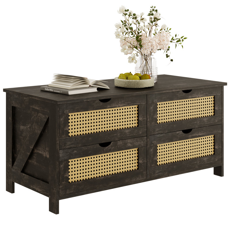 Table basse en rotin et bois, 4 tiroirs avec rangement, Chêne rustique foncé, H 19,7 po x l 37,4 po x L 17,7 po