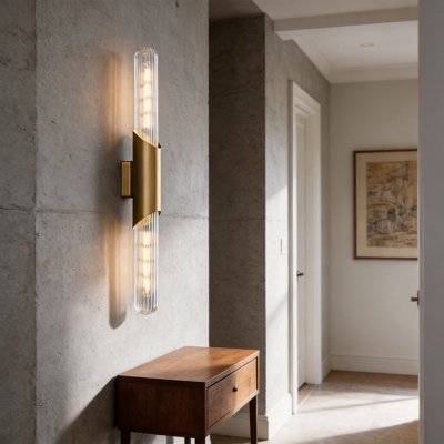 Applique murale moderne en laiton, lampe de meuble-lavabo en verre cannelé 2 lumières, lampe murale de luxe Mid-Century pour miroir de salle de bain, chambre à coucher, salon et couloir
