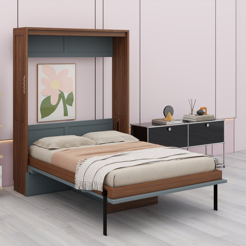 Lit escamotable avec bureau escamotable Murphy, Noyer / gris