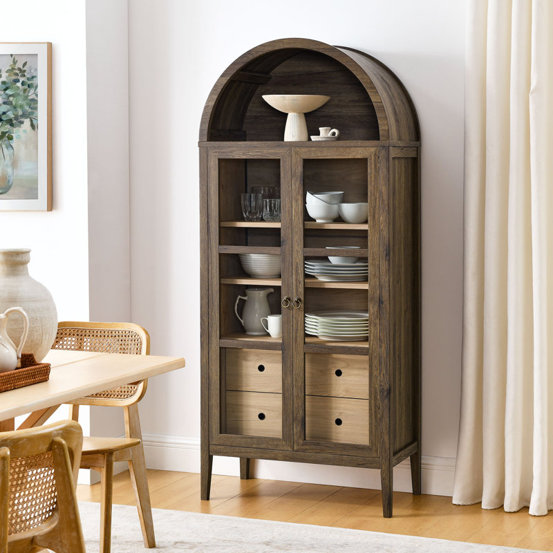 Nolan Walnut Hickory Arched Storage Display Cabinet with Glass Doors