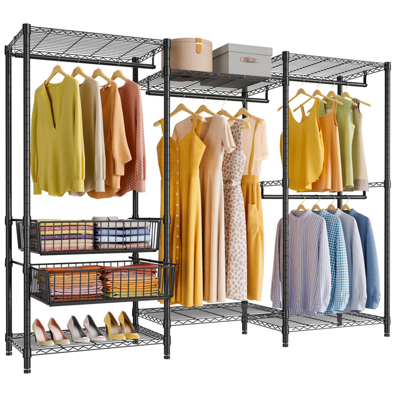 Black Heavy Duty Freestanding Metal Garment Rack with Wire Shelves