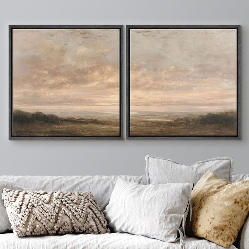 «Calm Neutral Sunset Cloudy Sky Landscape Decor», œuvre d'art encadrée pour chambre principale, 2 pièces, H 24 po x l 24 po