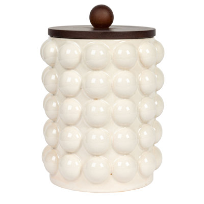 5.75 Inches Round Stoneware Canister with Raised Dots and Acacia Wood Lid