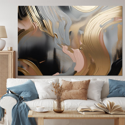 «Gold and Pink Vibrant Swirls IV», reproduction sur toile abstraite en marbre