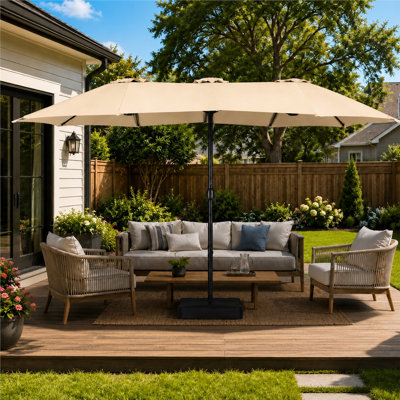 Parasol de marché rectangulaire de 15 pi x 9 pi avec base, parasol de patio triple, brun clair (sable non inclus)