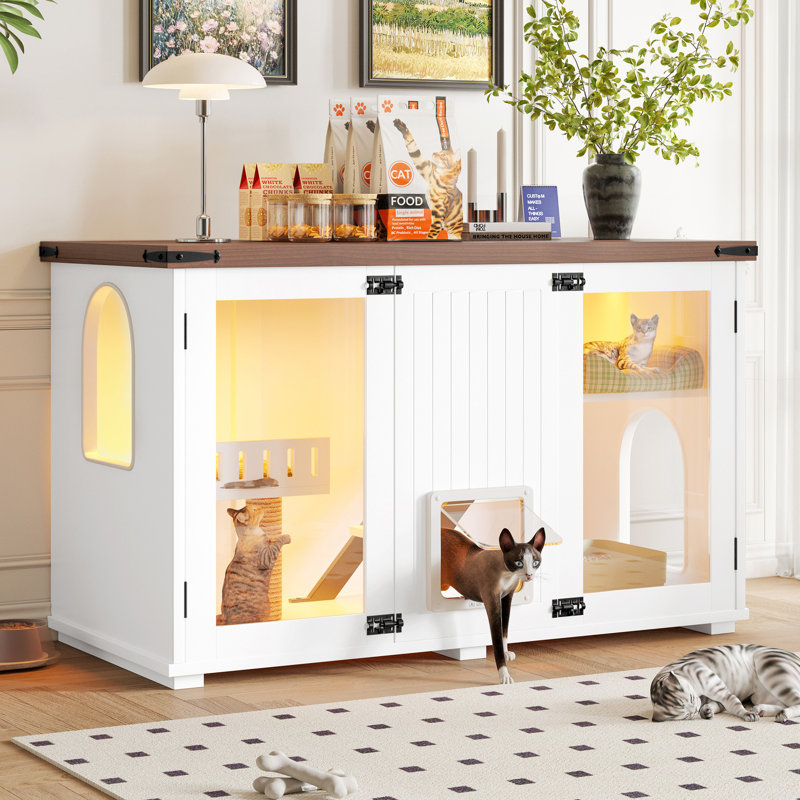 47.25" Large Cat Litter Box Enclosure With LED Light, Hidden Litter Box Furniture, Cat House With Stairs And Cat Scratching Post, Cat Cabinet Side Table With Smart Doors For Living Room