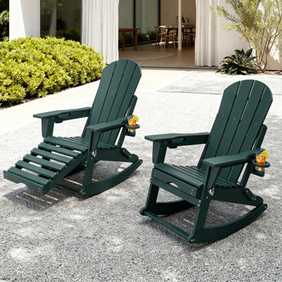 HDPE Adirondack Folding Rocking Chair With Retractable Ottoman And Cup Holders