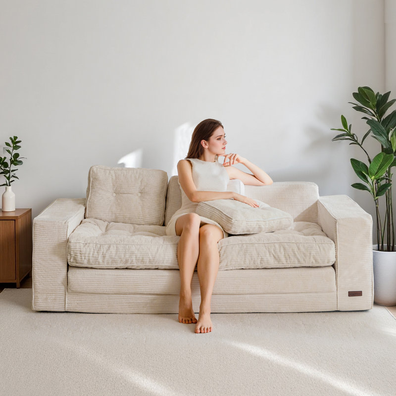 Canapé Bean Bag, causeuse de plancher, Velours côtelé beige, H 29,5 po x l 74,8 po x P 33,5 po