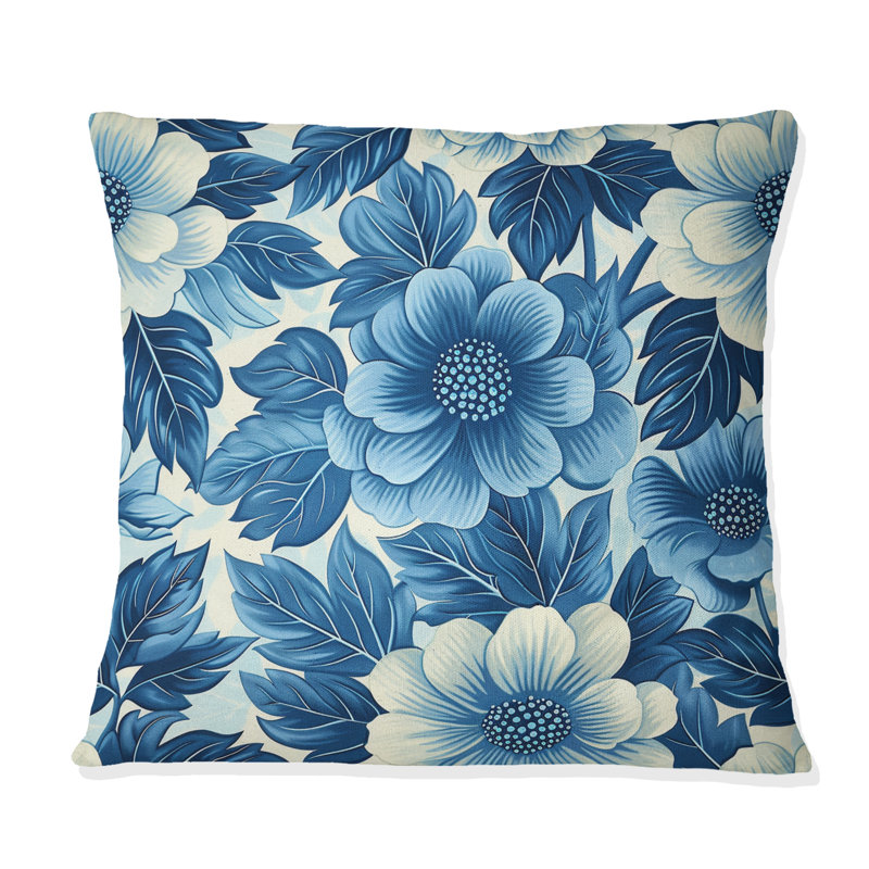 Cobalt Blue Floral Transitional V - Coussin décoratif transitionnel, H 18 po x l 18 po