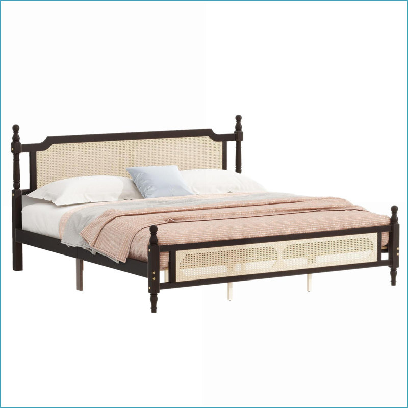 Lit plateforme très grand en bois de pin avec tête / pied de lit en rotin, aucun sommier nécessaire, espresso pour la chambre principale