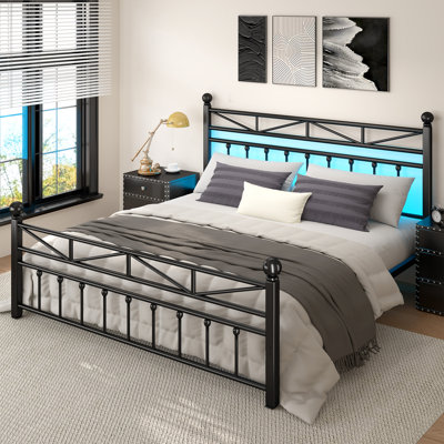 53.6" H Metal Platform Bed with LED Lights and Vintage Headboard