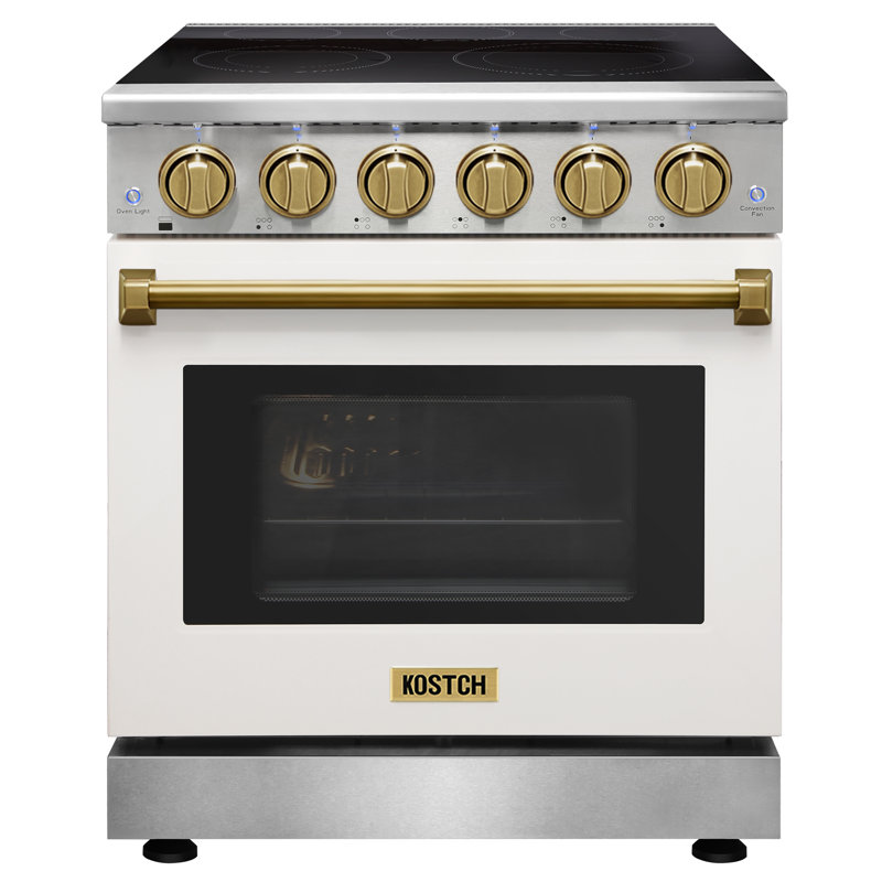 Cuisinière électrique professionnelle de 30 po avec 5 éléments chauffants Kostch, capacité de four à convection de 4,55 pieds cubes, surface de cuisson en verre lisse blanc avec accents bronze