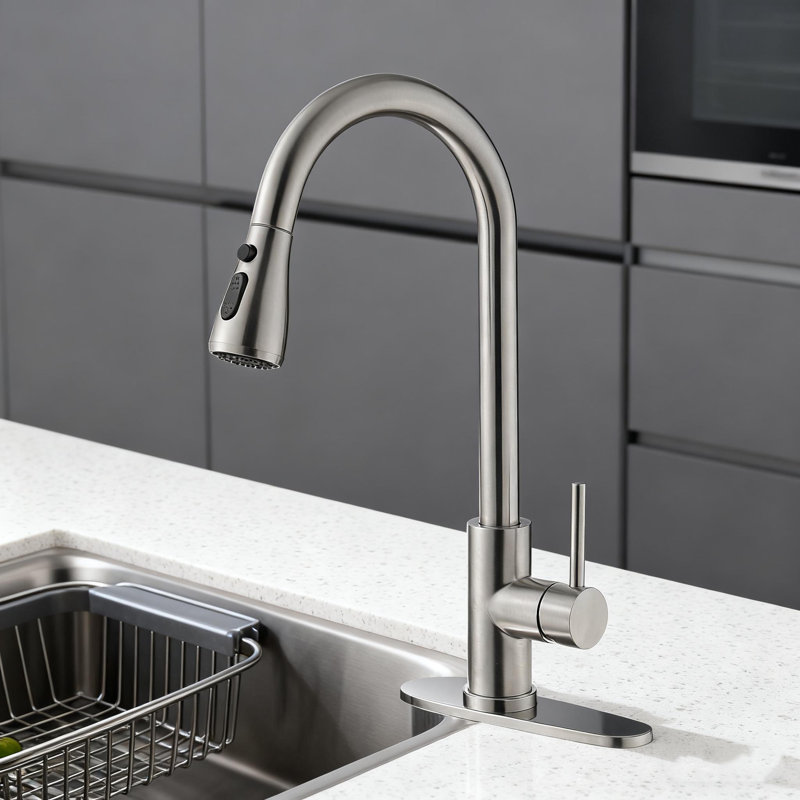 Single Handle Kitchen Faucet With Pull Out Sprayer - 360° Rotatable High-arc, 3 Water Modes