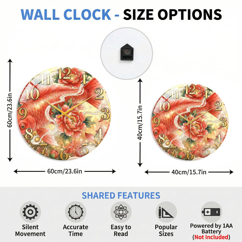 Horloge murale en verre Koi Fish, 40 x 40 cm (15,7 x 15,7 pouces)