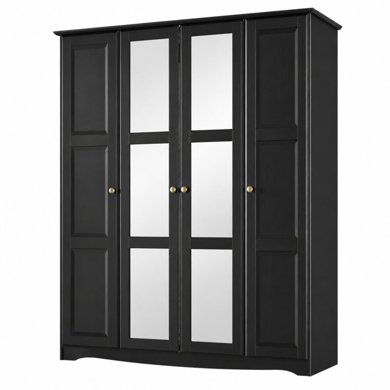 Garde-robe 100% en bois massif avec portes en miroir et poignées en métal, Black