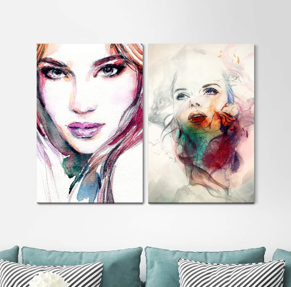 2-tlg. Leinwandbilder-Set - Grafikdruck „Women Portrait Watercolour Beautiful Woman Face Beautiful Eyes Dreamlike”