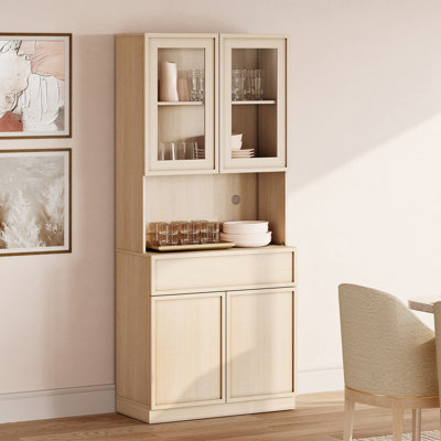 31.5" Wide Wood Sideboard Buffet with Glass Doors, Drawers & Adjustable Shelves, 72" Tall Glass Display Storage Cabinet for Dining Room Kitchen