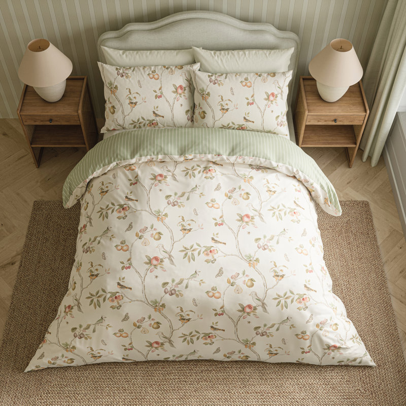 Fruit Aviary Cotton Floral Duvet Cover Set, Beige, Single Duvet Cover Set + 1 Pillowcase