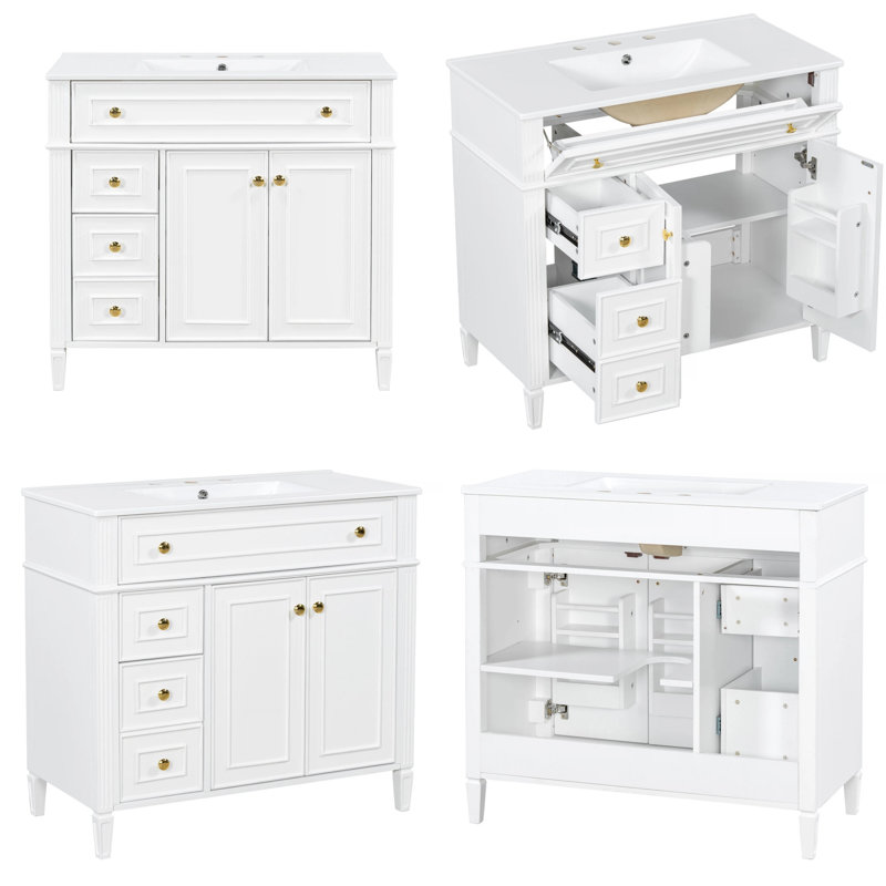 Meuble-lavabo de style spa de luxe avec lavabo 36 po, armoire verte avec tiroir rabattable, 2 portes à fermeture en douceur et poignées dorées, meuble-lavabo moderne en bois massif