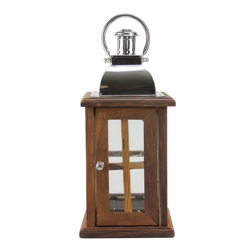 Lanterne moderne en bois 18 po avec poignée en métal argenté Sheesham