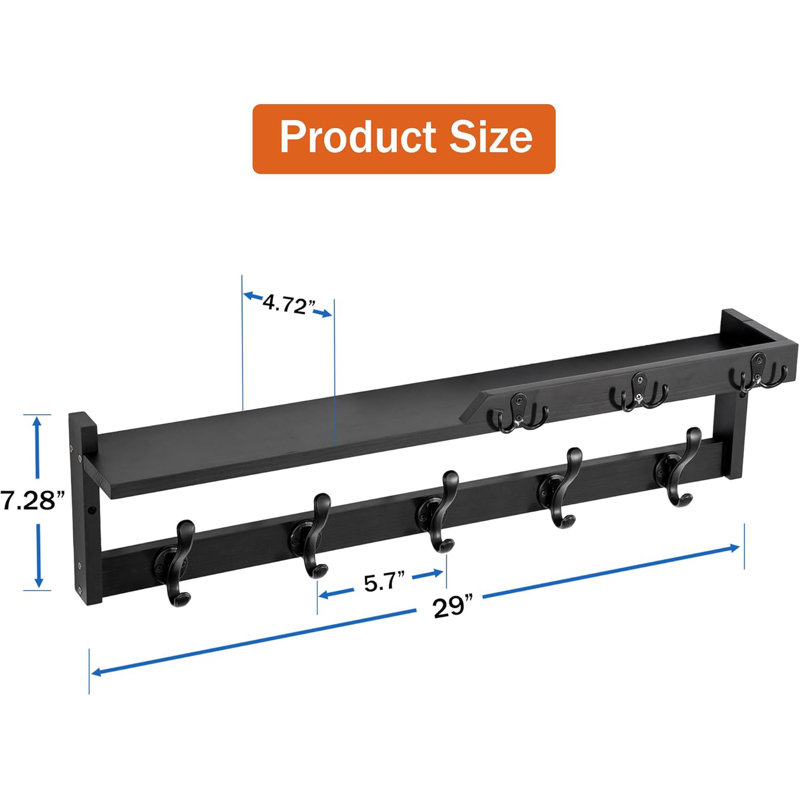 Wall Mounted Coat Rack With Shelf, Key Hooks And Mail Holder - Multi-Functional Entryway Organizer, Floating Shelf With Storage For Hats, Coats And Keys - Durable Solid Wood Construction