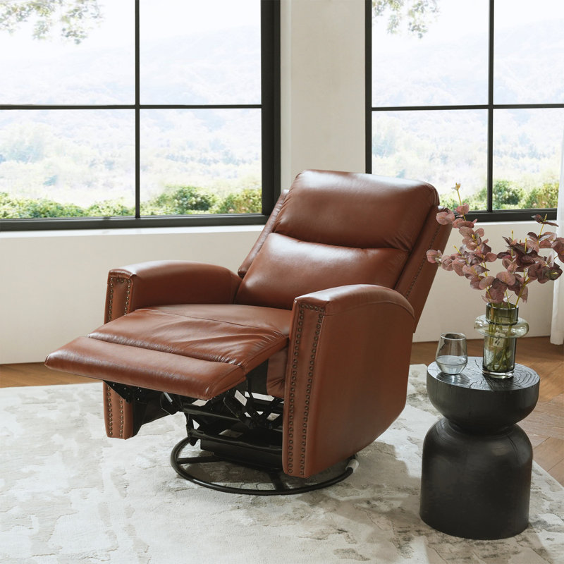 Chikako Genuine Leather Swivel Rocker Manual Recliner, Brown Genuine Leather