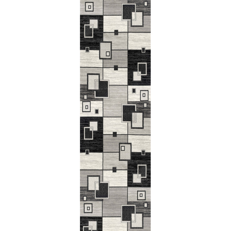 6' Gray And Black Geometric Runner Rug