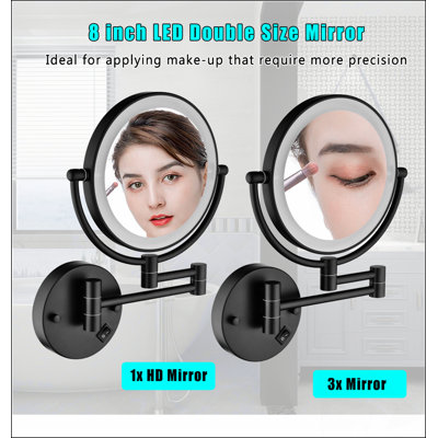 LED Wall Mount Two-Sided Magnifying Makeup Vanity Mirror with 12 Inch Extension, Matte Black Finish for Enhanced Visibility and Durability