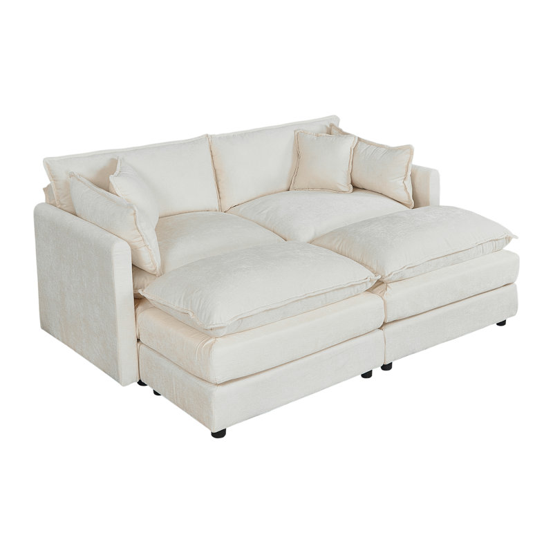 Modern Chenille Loveseat Sofa Couch With Ottoman, 33.85" H x 77.16" W x 35.82" D, Beige Chenille