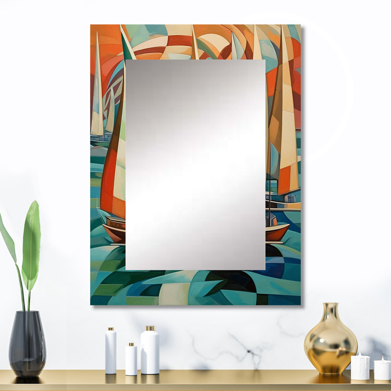 Abstrait voiliers au coucher du soleil minimaliste II - miroir de bateau, miroir mural moderne unique, impression d'art en métal