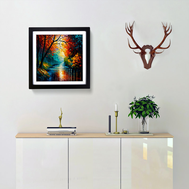 River Palette Knife Painting - Single Picture Frame Print on Wood, Black