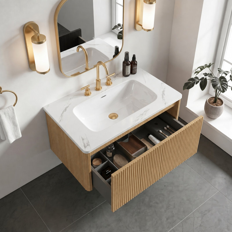 Ensemble de meuble-lavabo rayé en chêne clair de 30 po avec lavabo en céramique blanc de Carrare Etna