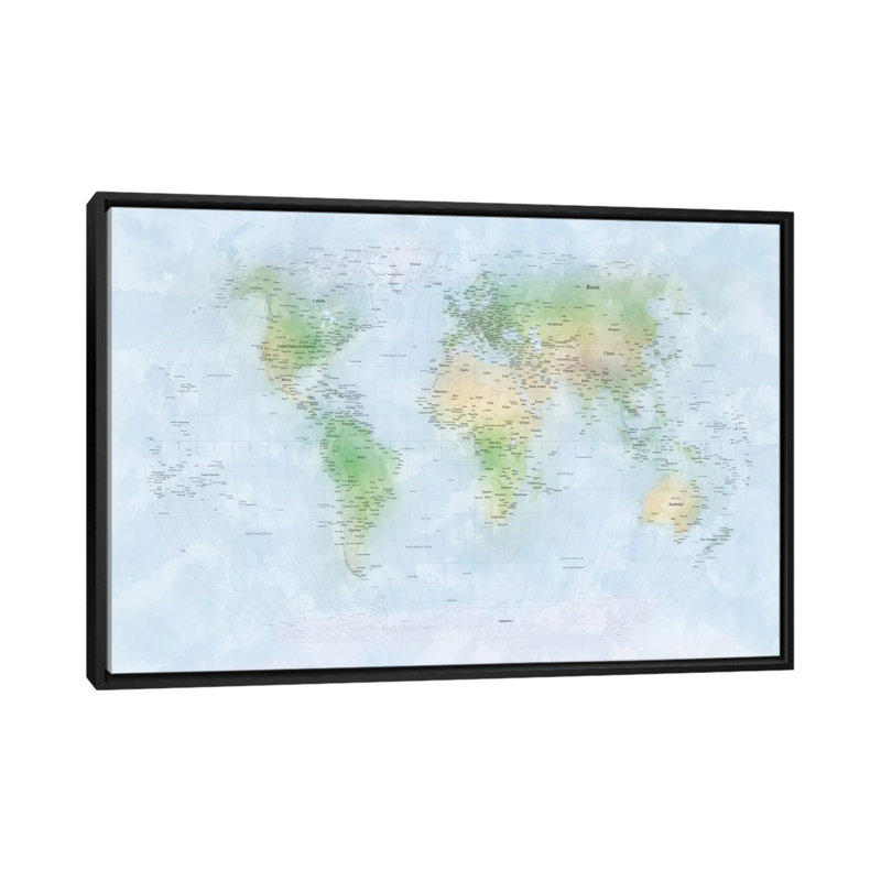« world map iii », impression sur toile, H 18 po x l 26 po x P 1,5 po, Toile avec cadre noir, Pas de tapis