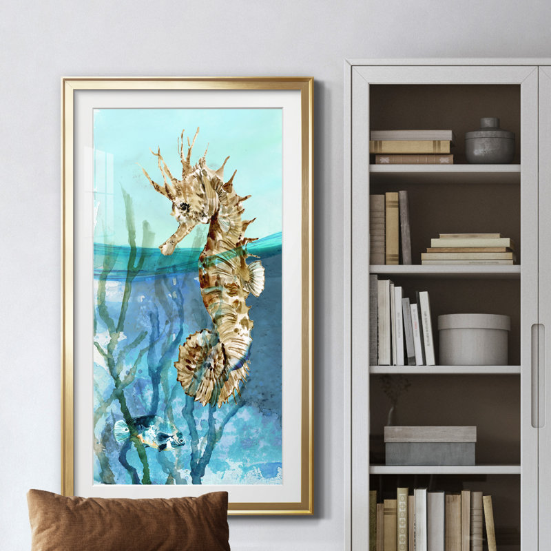 Delray Seahorse I - peinture encadrée, Doré, H 10,5 po x l 18,5 po x P 1,5 po
